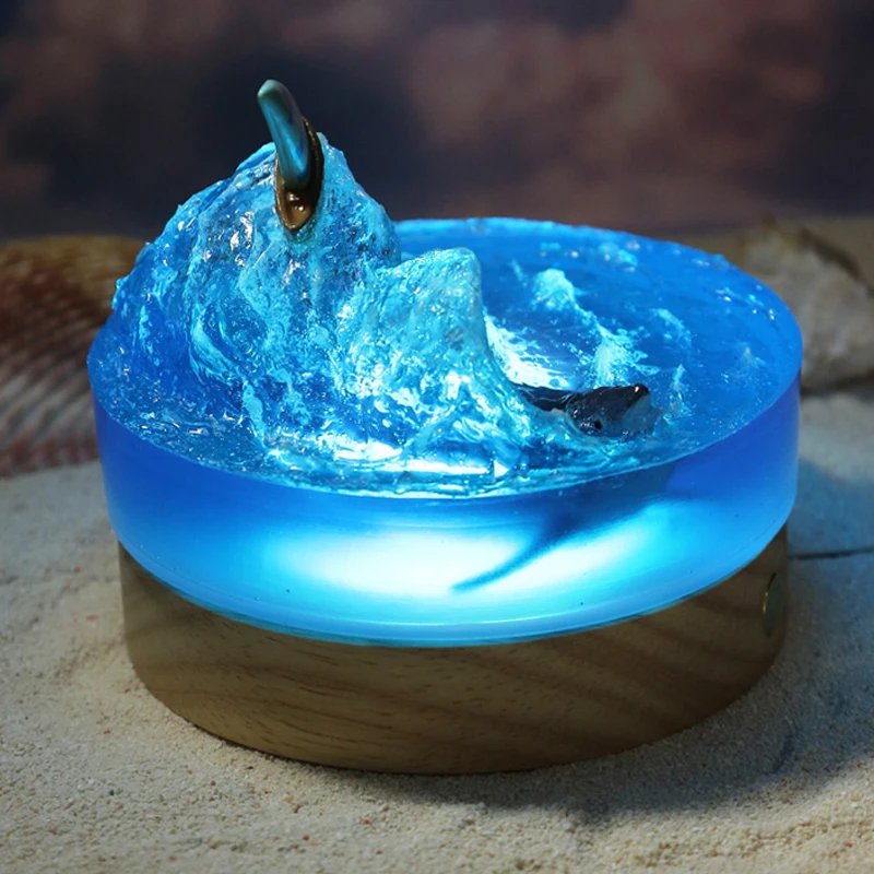 Luz de mesa de resina para decoración de veleros, lámpara de tiburón con ola de mar, tema de noche, carga USB