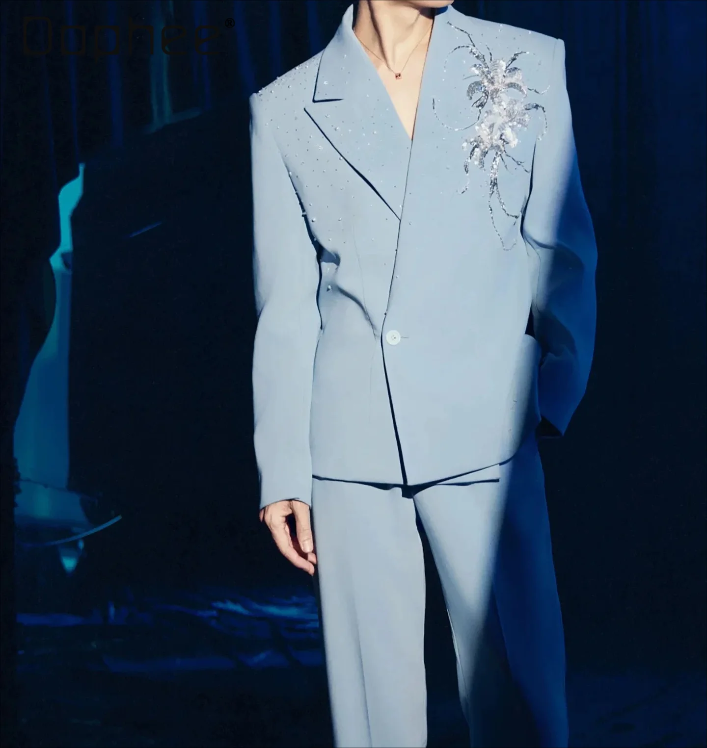 2026 Autumn Men's Jackets Suit Embroidery Beaded Sequins Flower Loose Blazers Casual Wide-leg Trousers Two-piece Set For Men