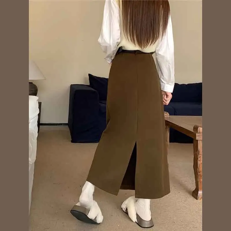 Oversized 4 Xl Artificial Wool Midi Skirts Women Autumn High Waist Back Slit A Line Skirts Korean Solid All Match Blends Skirts