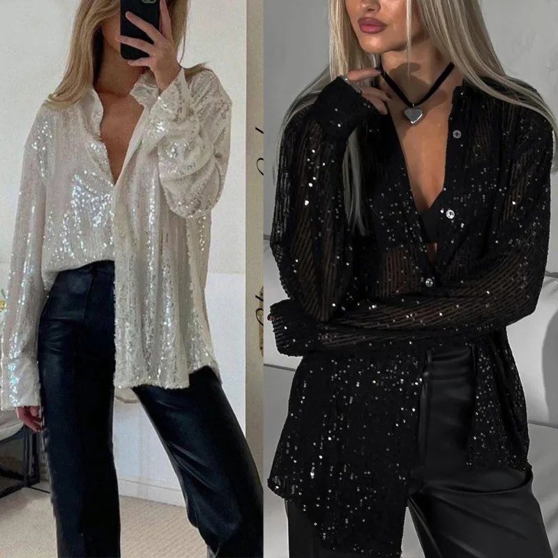 New Pearl Top with Lapel, Long Sleeved Collar, Sexy Women's Shirt Jacket for Spring/summer 2025 Fashion, Sexy Spicy Girl Shirt