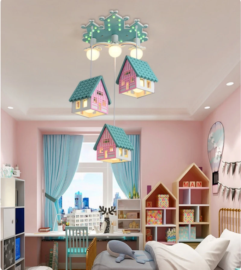 House Chandelier Children\'s Bedroom Girls Boys Room Study Pendant Lamp Pink Green Ceiling Lighting Christmas Decorations