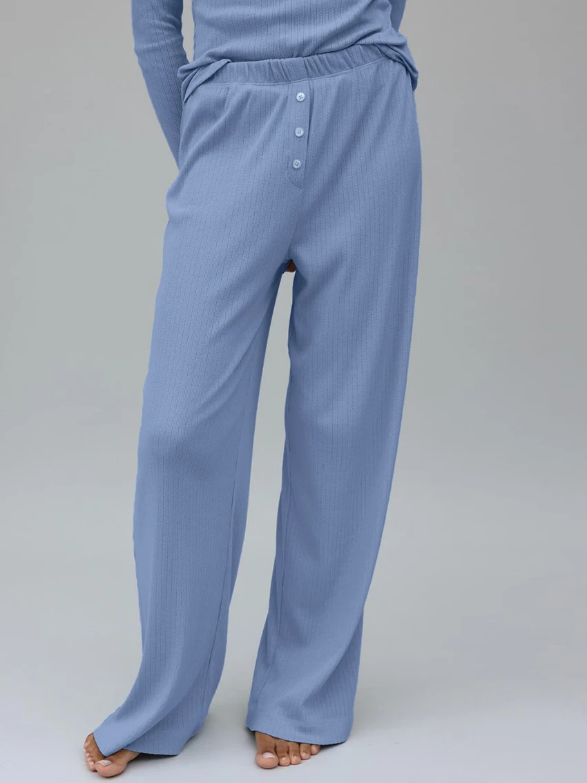 Marthaqiqi Knitted Female Nightgowns 2 Piece Suit O-Neck Sleepwear Long Sleeve Nightwear Pants Casual Blue Slim Women Pajama Set