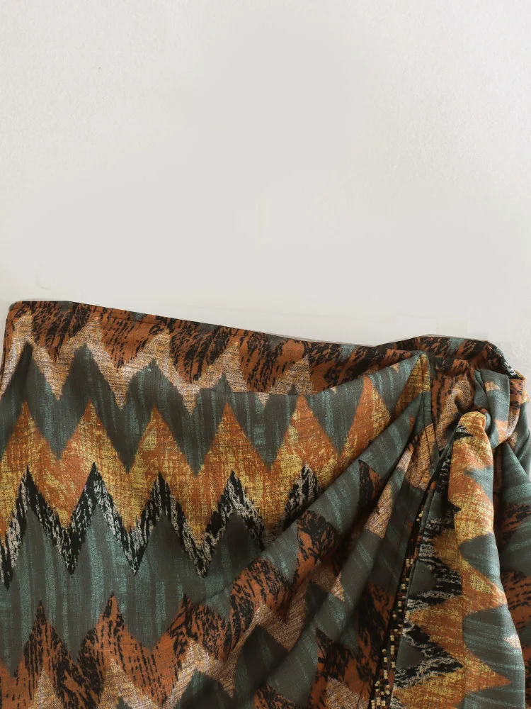 Women Vintage Geometric Print Knotted Mini Sarong Skirt Faldas Mujer Female Beading Tassel Casual Zipper Vestidos