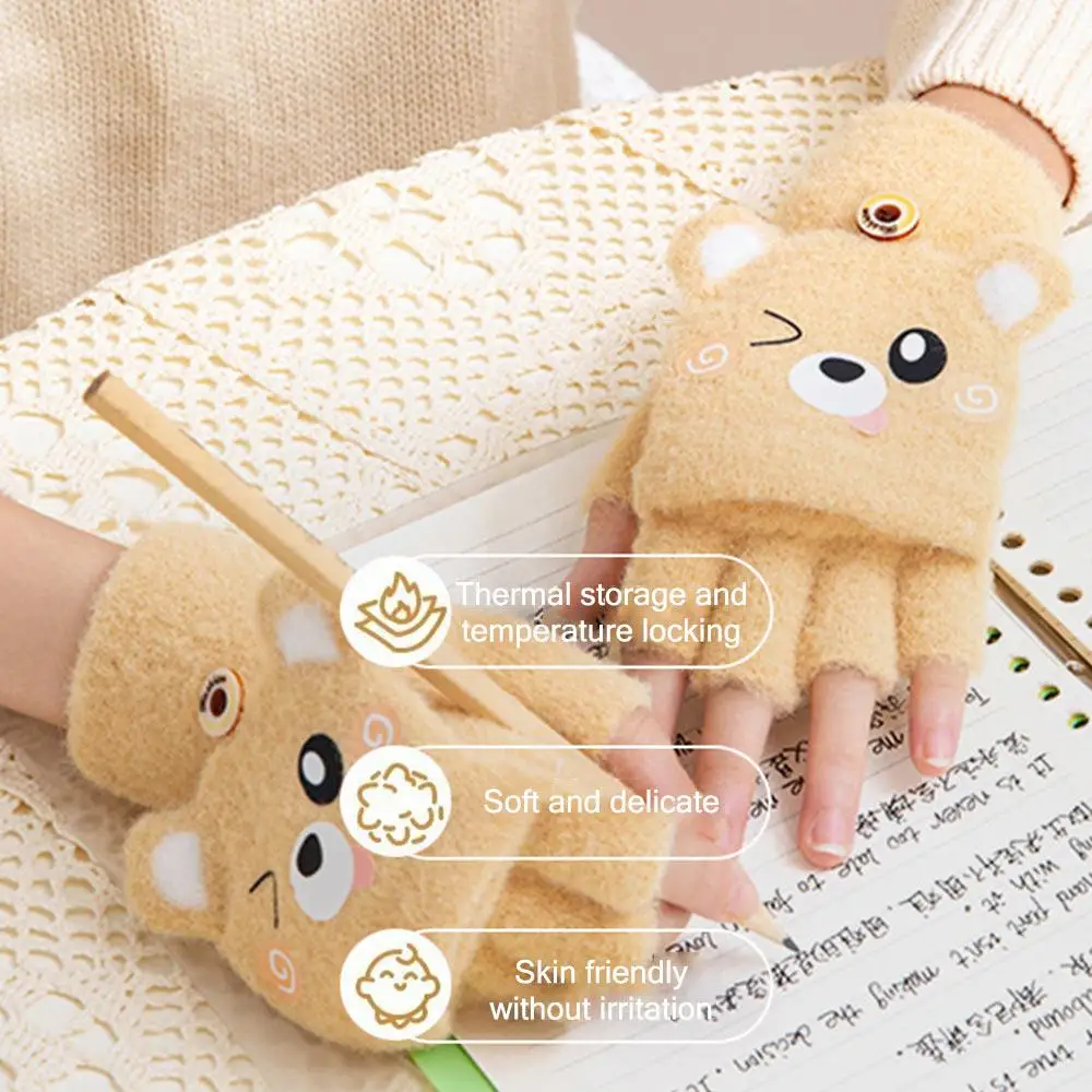 Capybara Kids Winter Gloves Thickened Mink Fleece Student Half-Finger Flip Gloves Cartoon Warm Knitted Mittens for Boys Girls