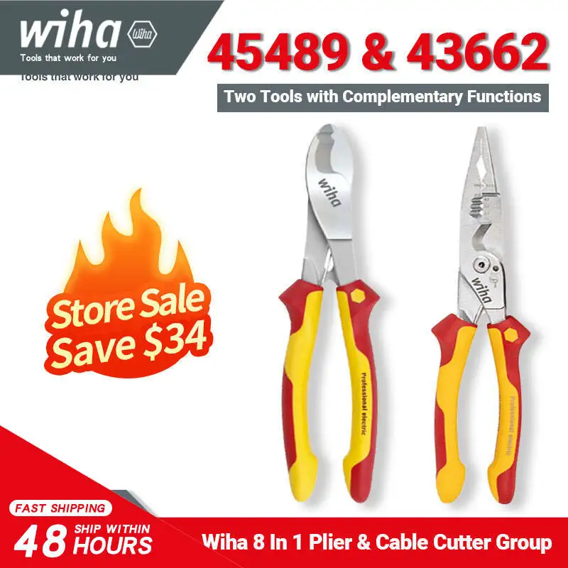 Wiha Tool Set 45489 Electrician 8-in-1 Multifunctional VDE-tested Plier 43662 Cable Cutter with Switchable Opening Spring