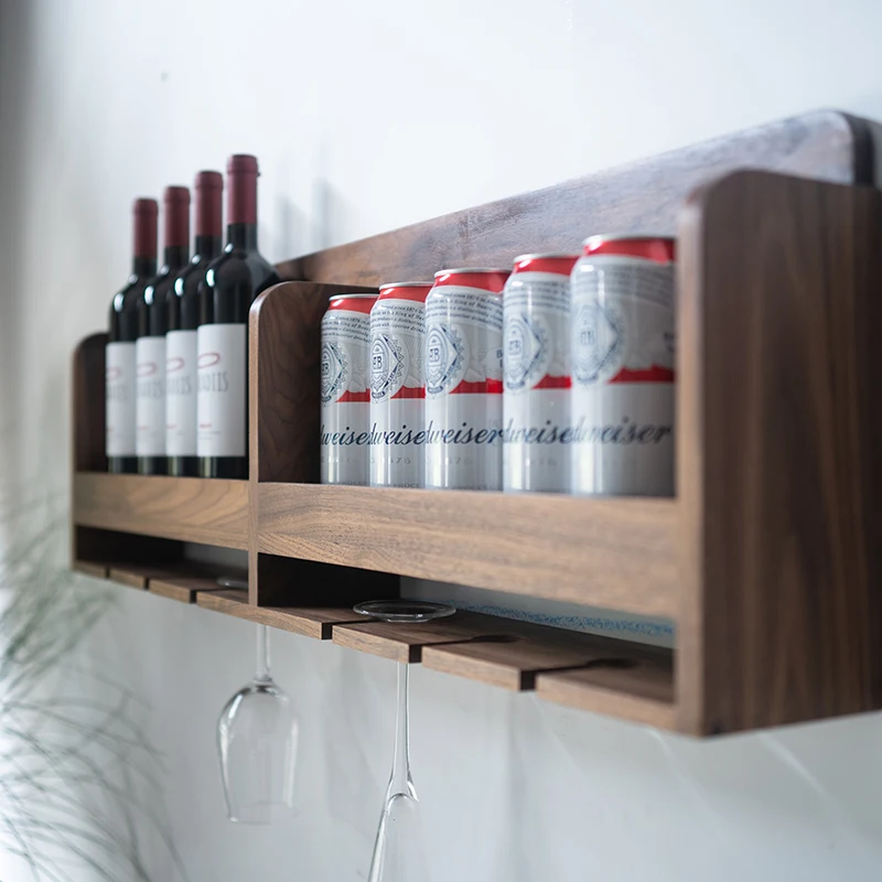 Black walnut solid wood wall mounted red wine rack, minimalist wall storage rack, restaurant home hanging cup rack