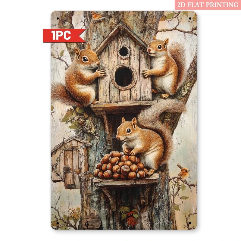 2D Flat, 2D Flat Design, 1pc Vintage Squirrel and Birdhouse Metal Wall Decor - 8x12 Inch Rustic Style Bird Feeder Decoration, Du