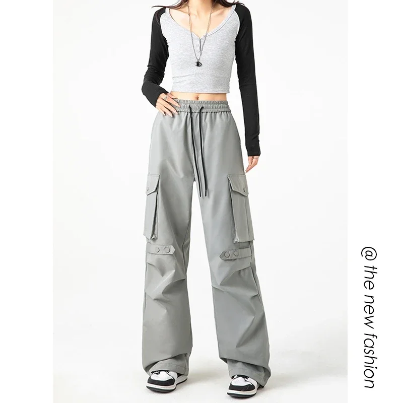 Japanese Retro Women Y2K Cargo Pants Casual Baggy Sweatpant Kpop Wide Leg Drawstring Waterproof Oversize Female Pockets Joggers