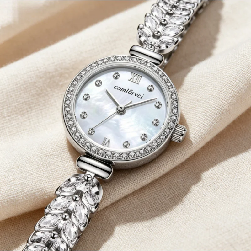 Women's luxury quartz watch with leaf inlaid decorative metal strap, romantic and elegant dress watch