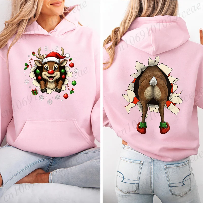 Christmas Reindeer Print Hoodie Women Street Casual Fashion Trend Long-sleeve Sweatshirt Autumn Winter Top Funny Xmas Clothes