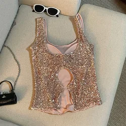 Fashion Shinny Pink Sequins Round Neck Backless Vest Women's 2024 Summer Chic Black Beige Elegant Sleeveless Tank Tops Vacation