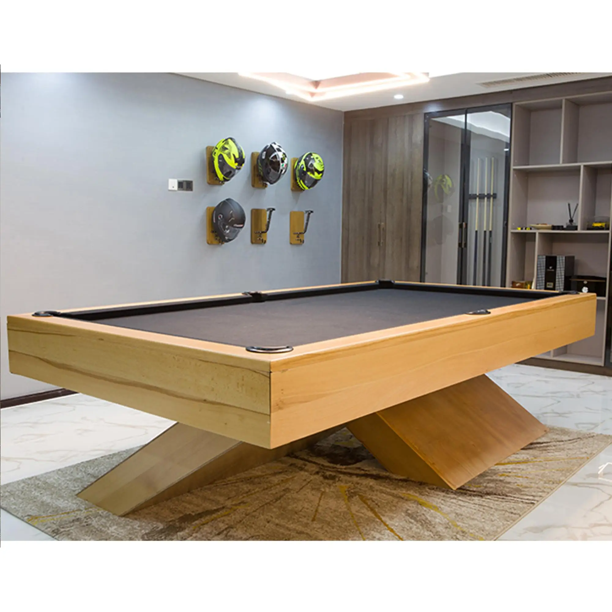 Customized High-End X-Legs Pool Table with Green Cloth Solid Wood Legs and Slate Cushions Includes Accessories