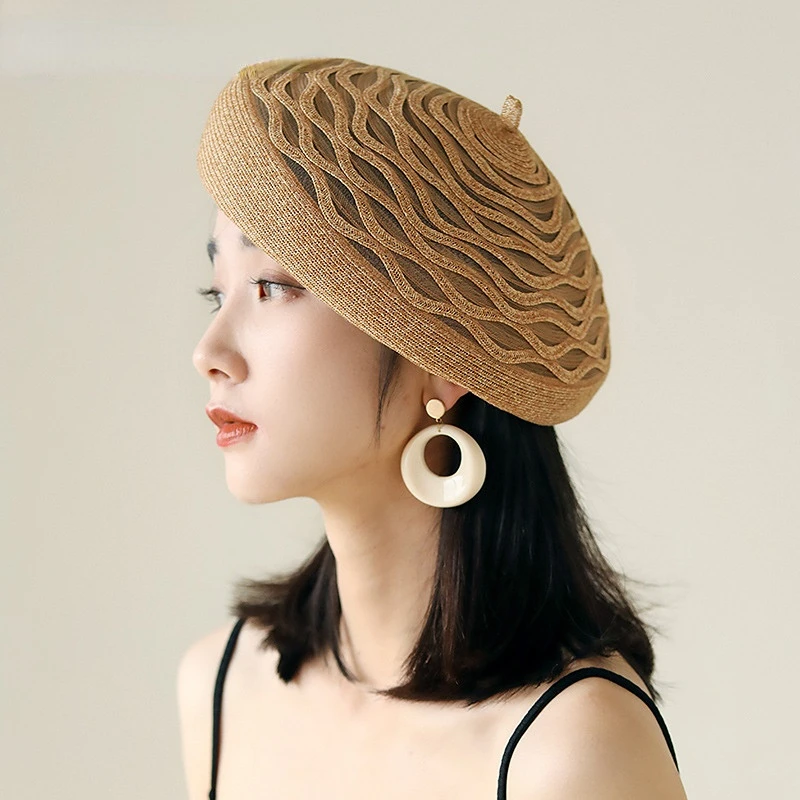 Spring Summer Elegant Straw Beret Women Breathable Lace mesh Berets Female Painter Cap Sun Hat