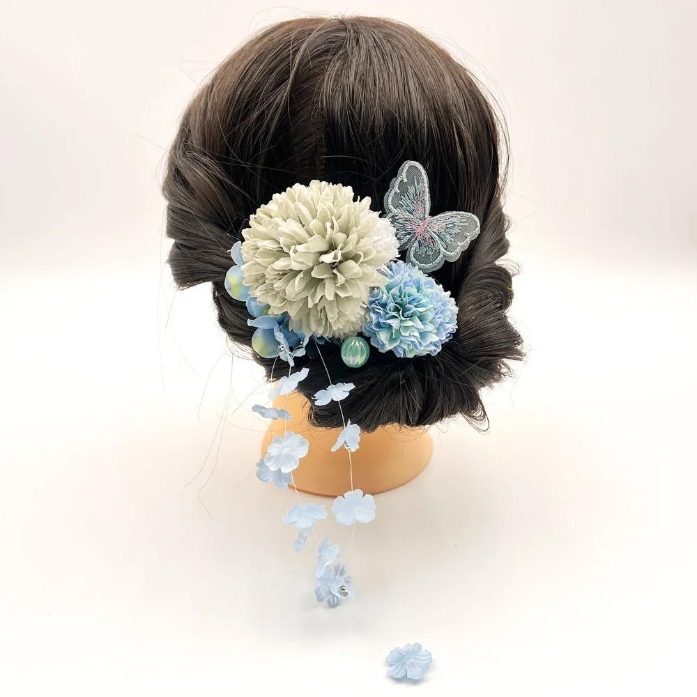 

Exquisite Japanese Hydrangea Hairpin Flower Handmade Butterfly Hair Clip Cloth Vintage Pearl Tassels Hair Stick Yukata Festival