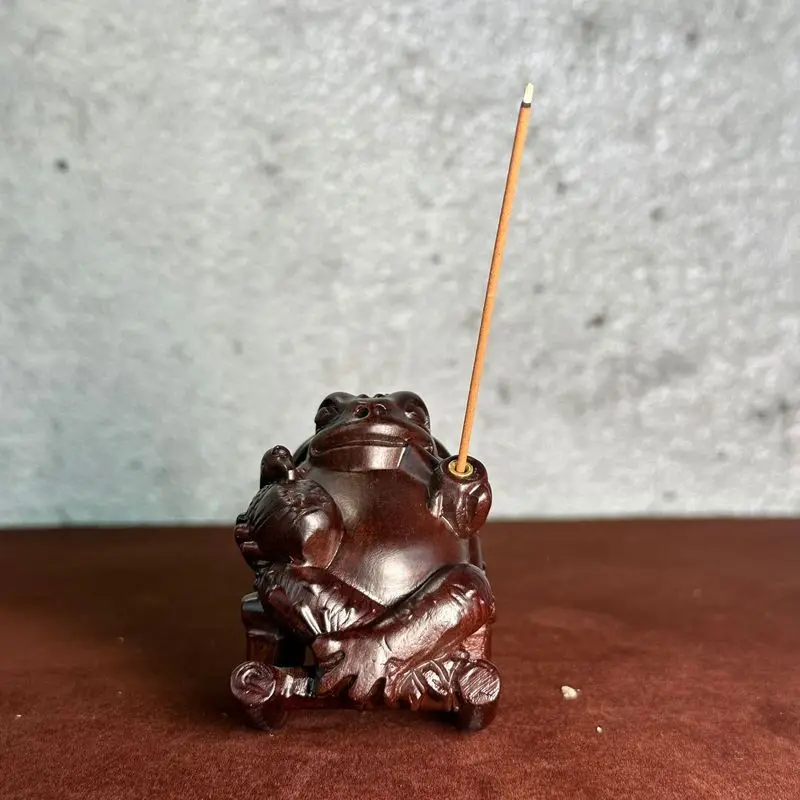 Ebony wood carving of a toad, golden toad, and a praying immortal The dreams of the Great Frog Sage come true Incense stick hold