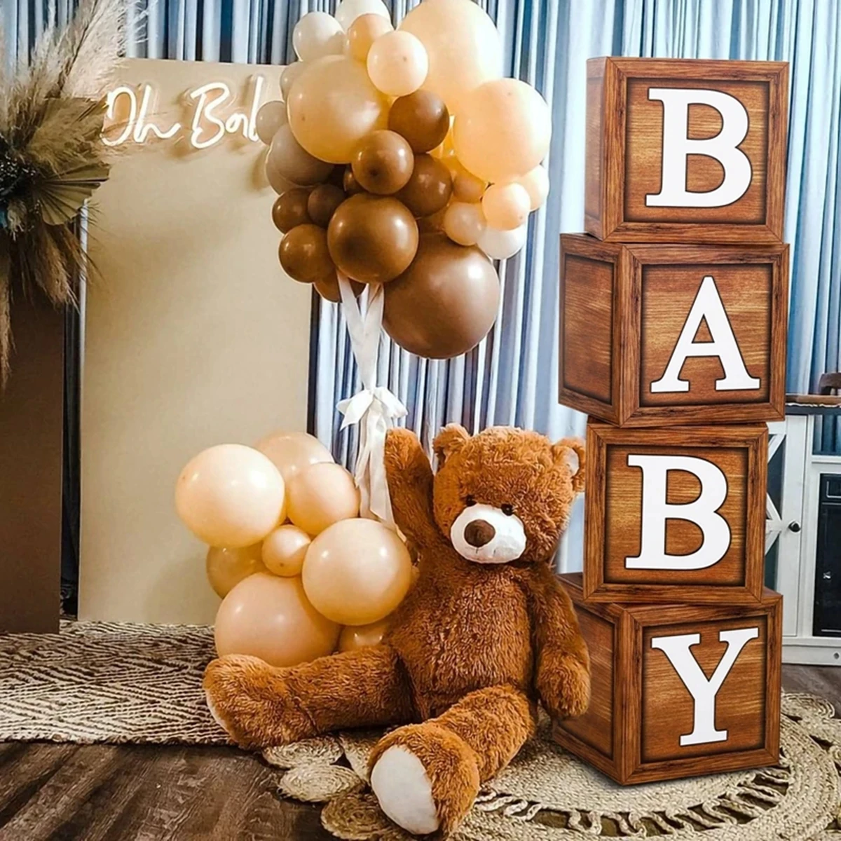 Wood Grain Brow Baby Shower Box Baby Balloon Boxes 1st Birthday Party Decor Kids Teddy Bear Baby Shower Boy Girl Gender Reveal