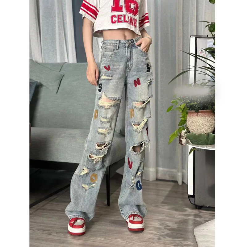 

Faionable Wide Leg Casual Jeans Women's High Waist Long Trousers Spring Summer New Arrival European Sle Distred Person...
