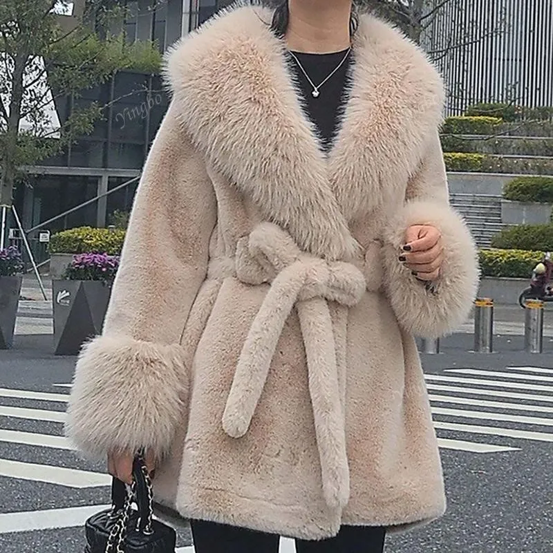 

2025 New Women's Faux Fur Coat Longline Big Collar Fashion Winter Outerwear Jacket Long Coats Tie the waist Solid Fur Coats