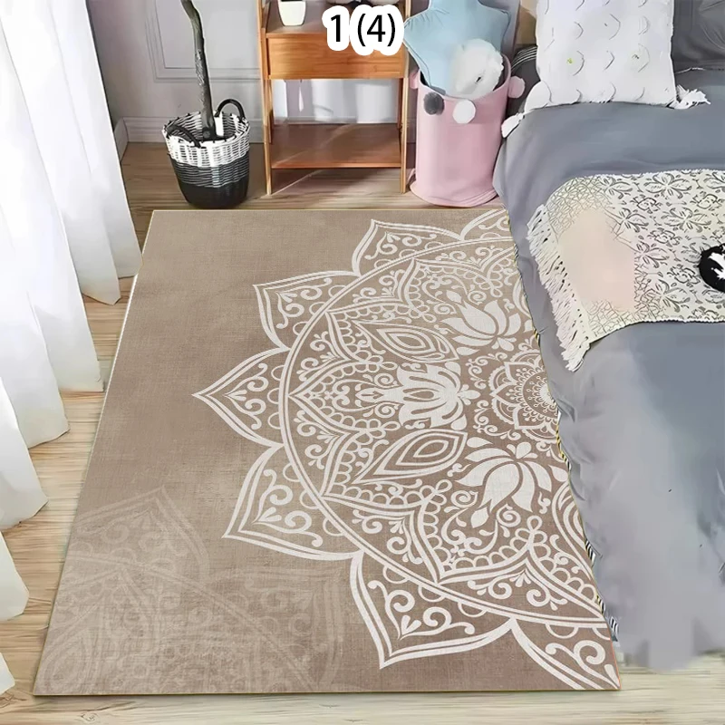 Rectangular Carpet Boho Mandala Floral Pattern Warm Beige Tone Soft Decorative Floor Mat for Living Room Bedroom Home Decor