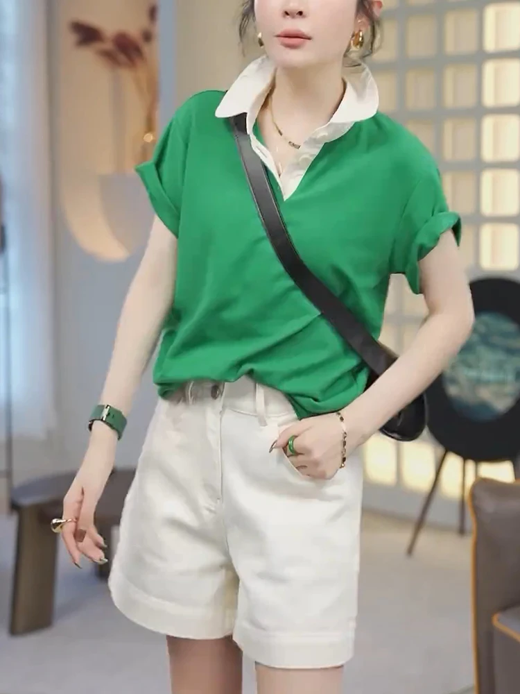 

Loose ort Sve Ne Color Blo Chic Simple Korean Sle Summer Top for plus Size Women White Enhancing Casual Wear