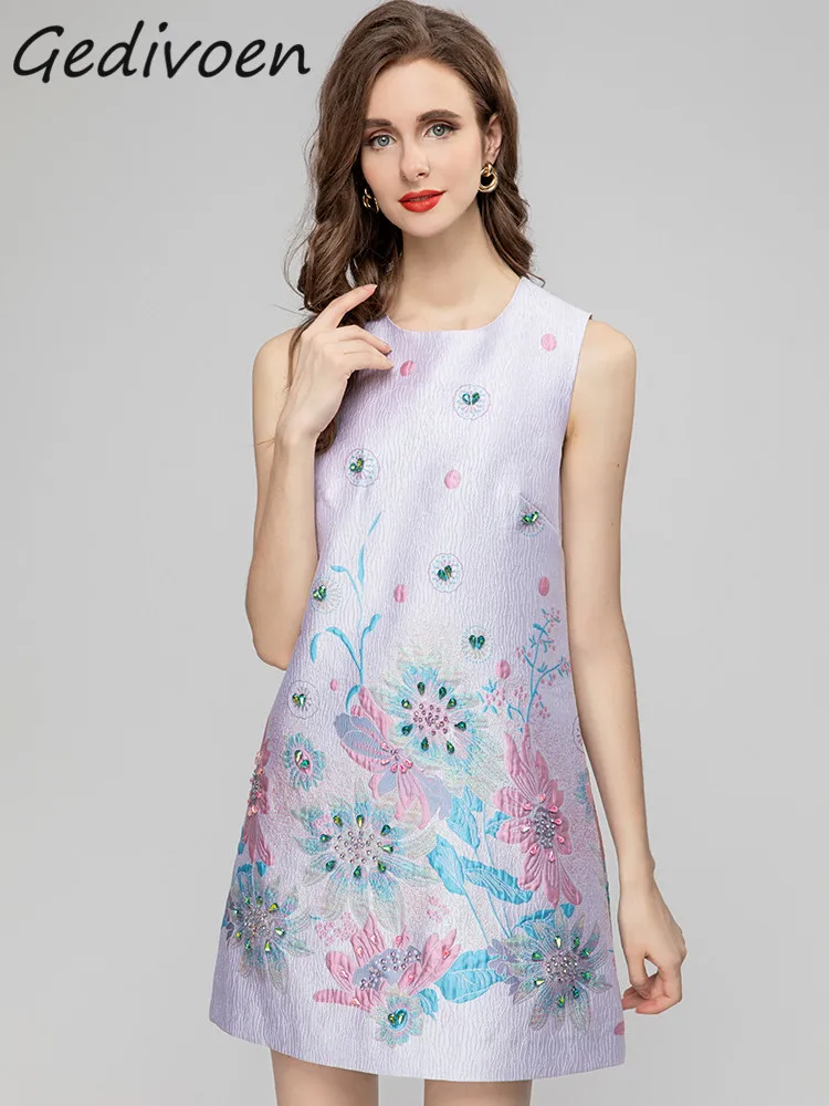 

Gedivoen Summer Fashion Designer Elegant Jacquard Vest Dress Women O Neck Sleeveless Loose Casual Holiday Party Mini Short Dress