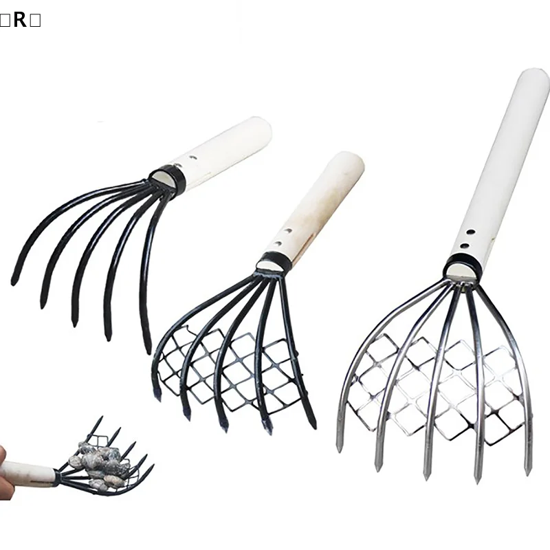 〔R〕Clam Rake With Net 5 Claw Shell Digging Tool Wood Handle For Seafood Weeding Farming Garden Accessory Pitchfork〔Winter2〕