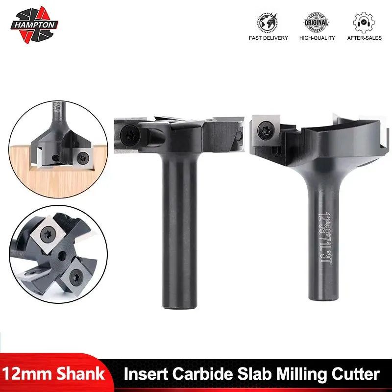 Milling Cutter 12mm Shank Insert Carbide Slab Milling Cutter 3/4T Spoilboard Surfacing Router Bits for Woodworking Tools