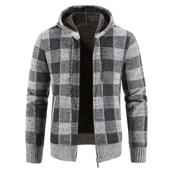 Men Hooded Cardigan Sweaters Winter Plaid Casual Sweatercoats New Male Fleece Warm Cardigans Hoodies Slim Fit Cardigans Size 4XL