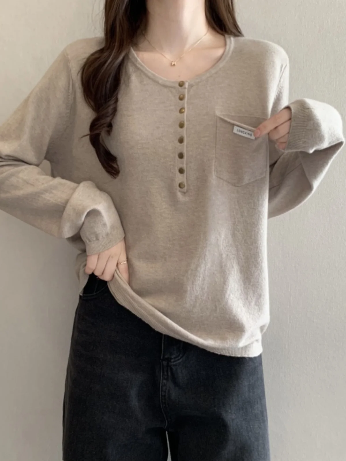 Women's Long Sleeve Knitted Base Shirt Spring Autumn plus Size Conceals Belly European Style Shoulder Top Inner Wear T-shirt