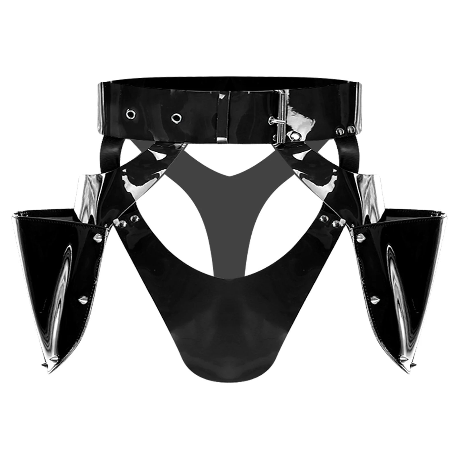 

Womens Gothic Glossy Latex Underwear Sexy Cosplay Panties Adjustable Waist Cutout PU Leather Briefs Side Pockets with Studs