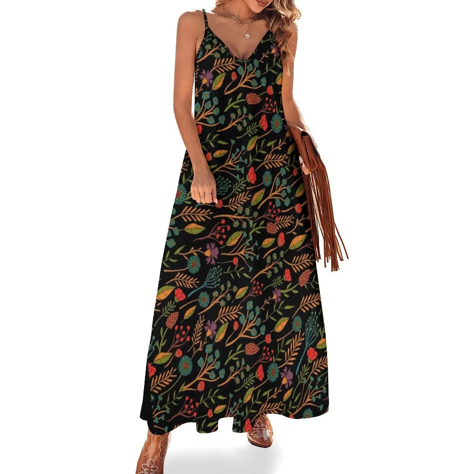 Teal, Red, Orange, Green, Turquoise & Black Floral Pattern Sleeveless Dress Women's skirt women formal occasion dresses