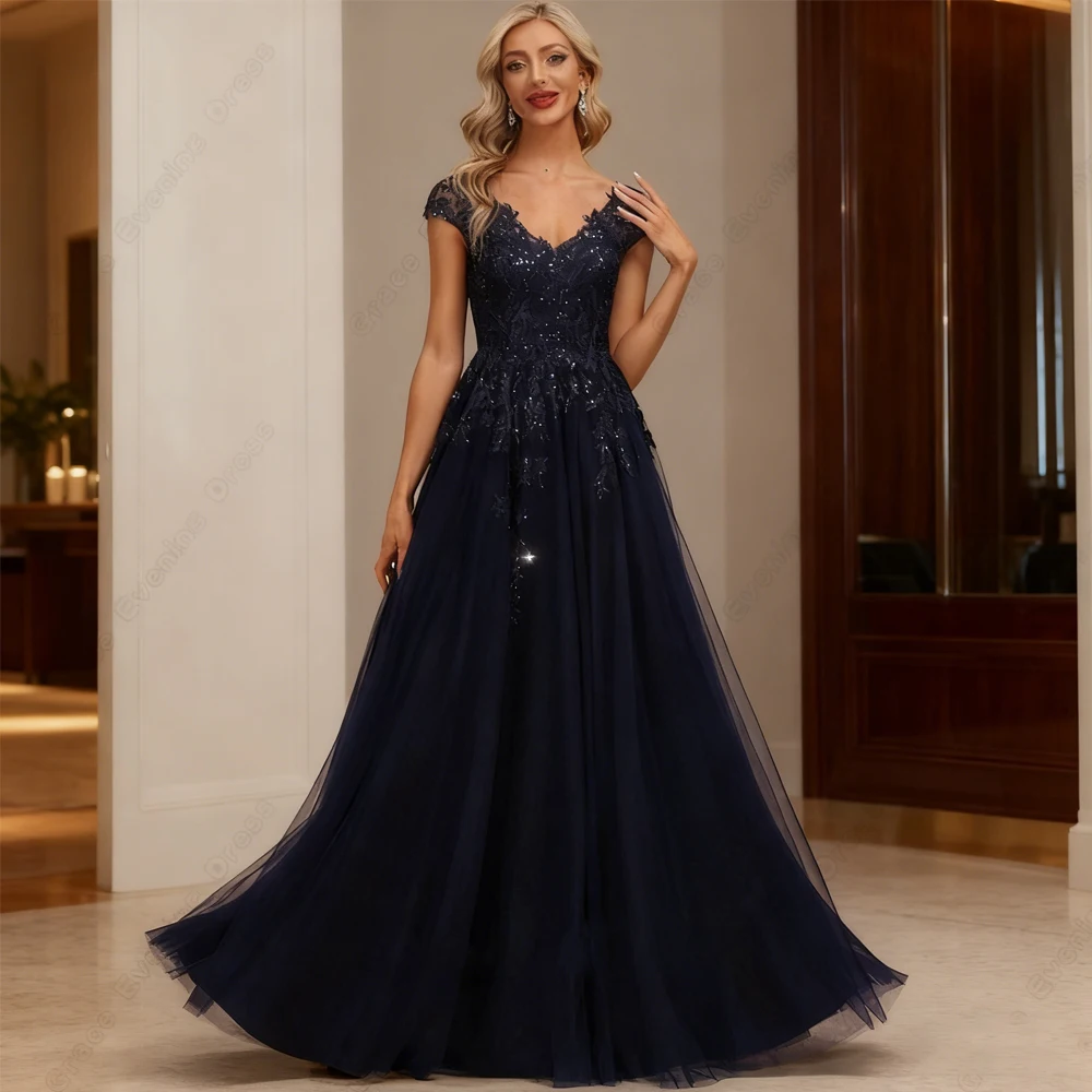 

Dark Navy Strapless Mother of Bride Dresses for Women Cap Sleeve Wedding Party Gown with Lace Soft Tulle Sparkle Vestido De 2025