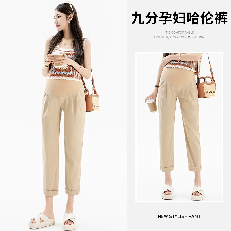 OL Business Maternity Casual Pants Rolled Up 9/10 Straight Belly Harem Work Wear for Pregnant Women Spring Summer Pregnancy