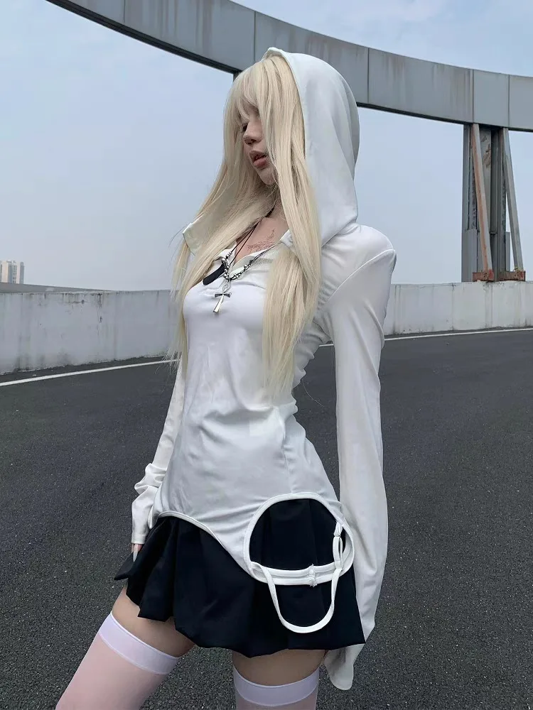 

American Y2k White Hooded T-shirt for Women Spring Autumn Bottoming Hoodie Tops Mujer 2025 New Long Sleeve Tee Shirt