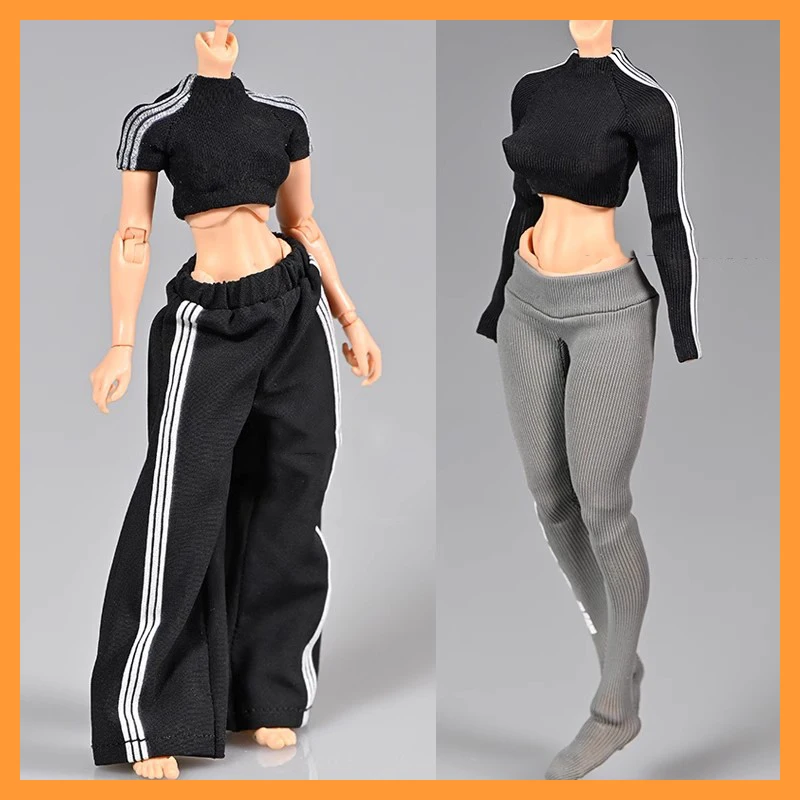 1/12 Scale Feamle Sport Suit Tight Short Style T-shirt Wide Leg Long Pants Clothing Set for 6inch Action Figure Body Model