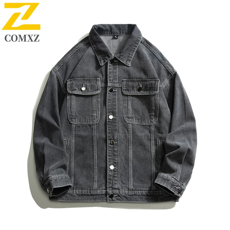 COMXZ Men Cotton Denim Jacket 2025 Casual Hip Hop Style Motorcycle Coat Vintage American Fashion Autumn Washed Denim Jackets