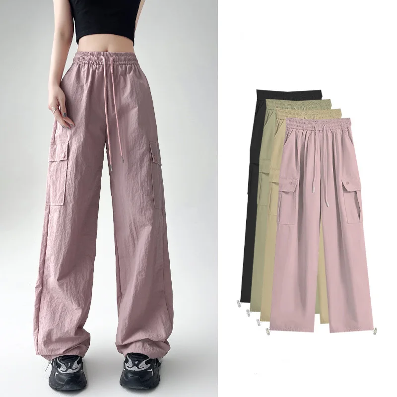 

Women Solid Color Fashion Temperament Straight Cargo Pants Casual Big pocket Wide leg Long Pants Sports outside trousers