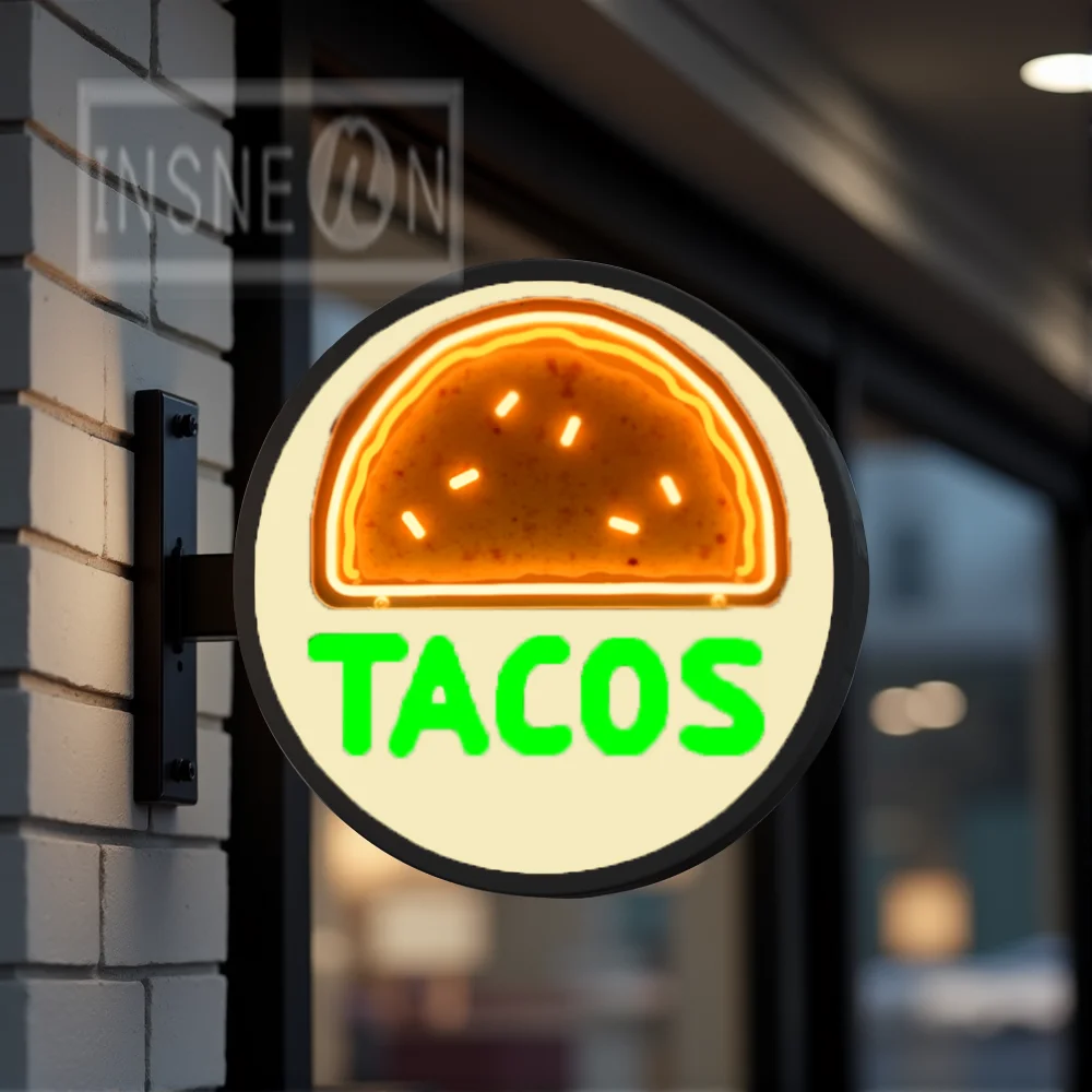 Custom Tacos Light Box for Storefront Round Acrylic LED Waterproof Double Sided Outdoor Business Signage Wall Mounted