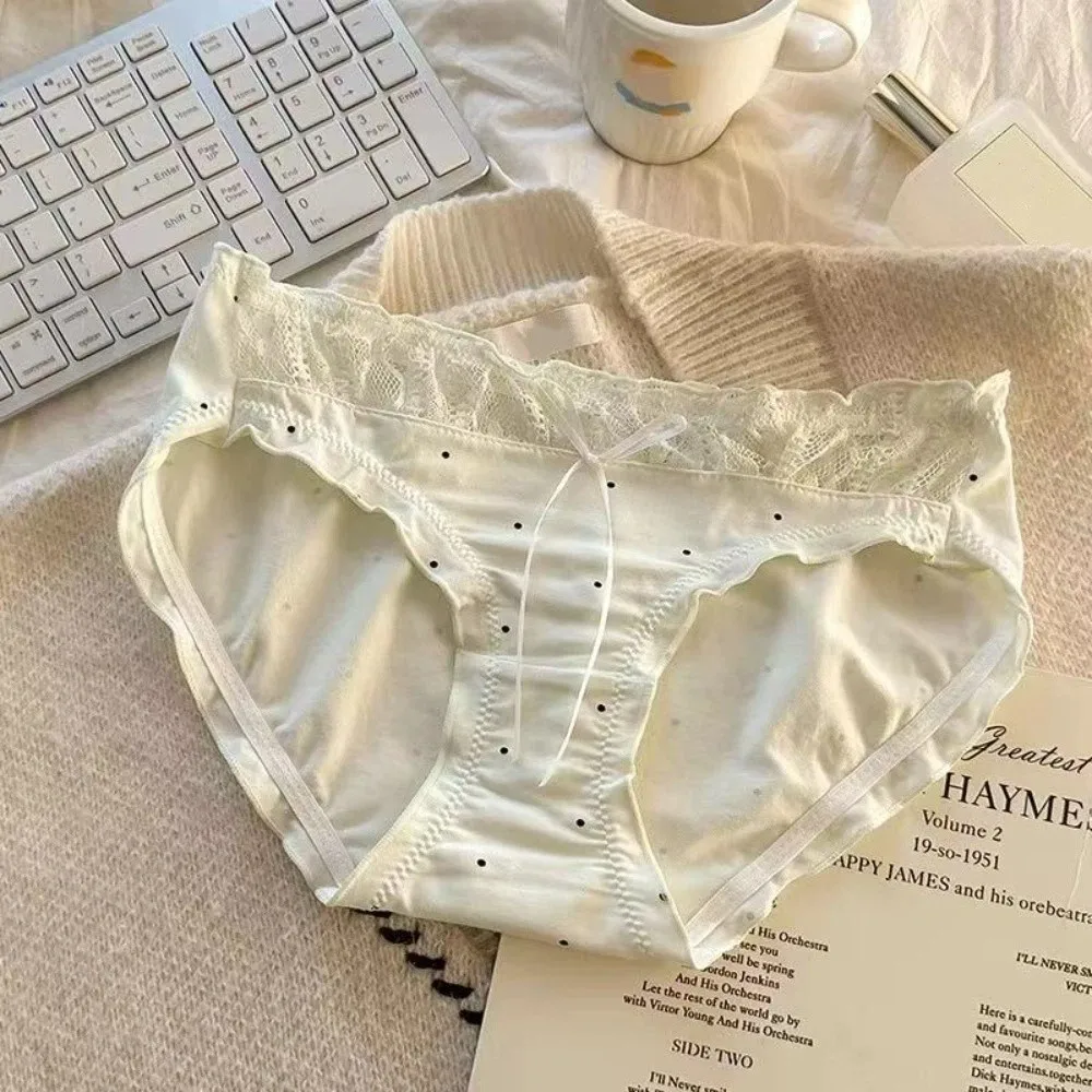 

Breathable Mid-waist Underwear Women Ruffle Patchwork Cotton Bow Briefs Underpants Dots Lace Mesh Underwear Girl