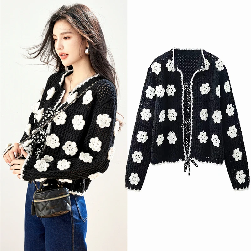 

3D Flower Hook Cardigan Women Loose Long Sleeve Fashion Knitted Sweaters Korean Lazy Wind Casual Female Quality Cardigans SL132