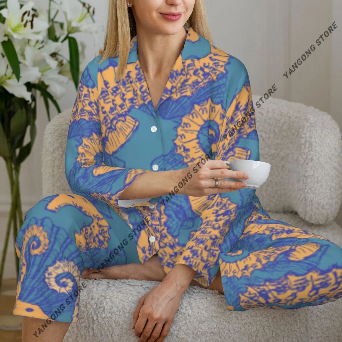 Women's Pajamas Long-sleeved Girl Loungewear Two-piece Set Sketch Seahorse And Shell In Vintage Style Pajamas for Autumn Spring