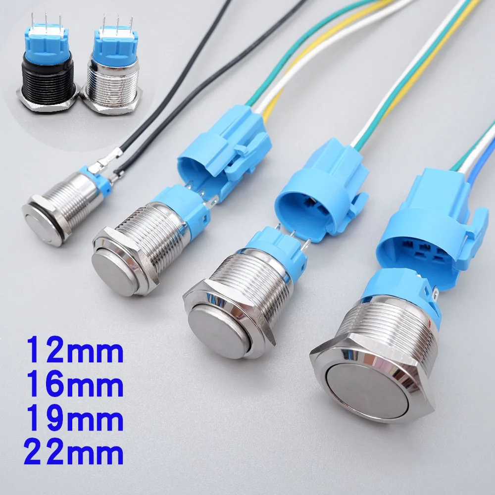 Metal Push Button Switch No LED 12/16/19/22mm On/Off Start Stop  Momentary Latching Waterproof Power Switch Flat Head High Head