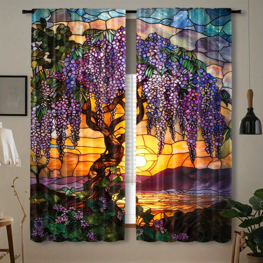 Vivid Mosaic Wisteria Tree Curtain 2 Panels Glowing Sunset Scenery Inn Room Curtain Romantic Floral Bedroom Home Decor