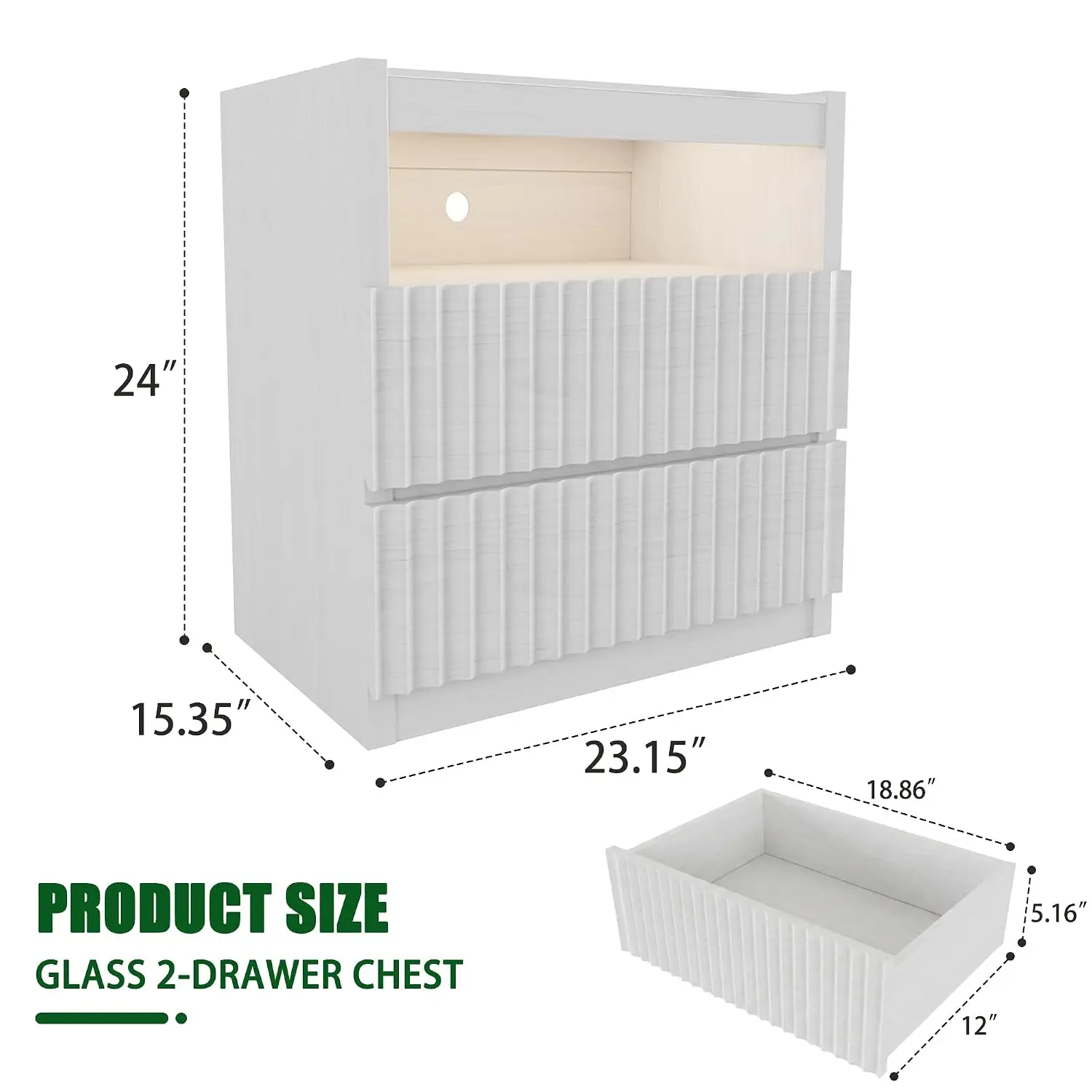 Fluted 2-Drawer Nightstand Set with USB Charging Station, Bedroom Furniture, White, Customized