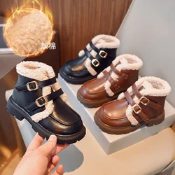 Children Leather Boots Autumn Winter Plush Warm Girls Boots Fashion Thicken Kids Cotton Shoes Solid Color Boys Casual Loafers