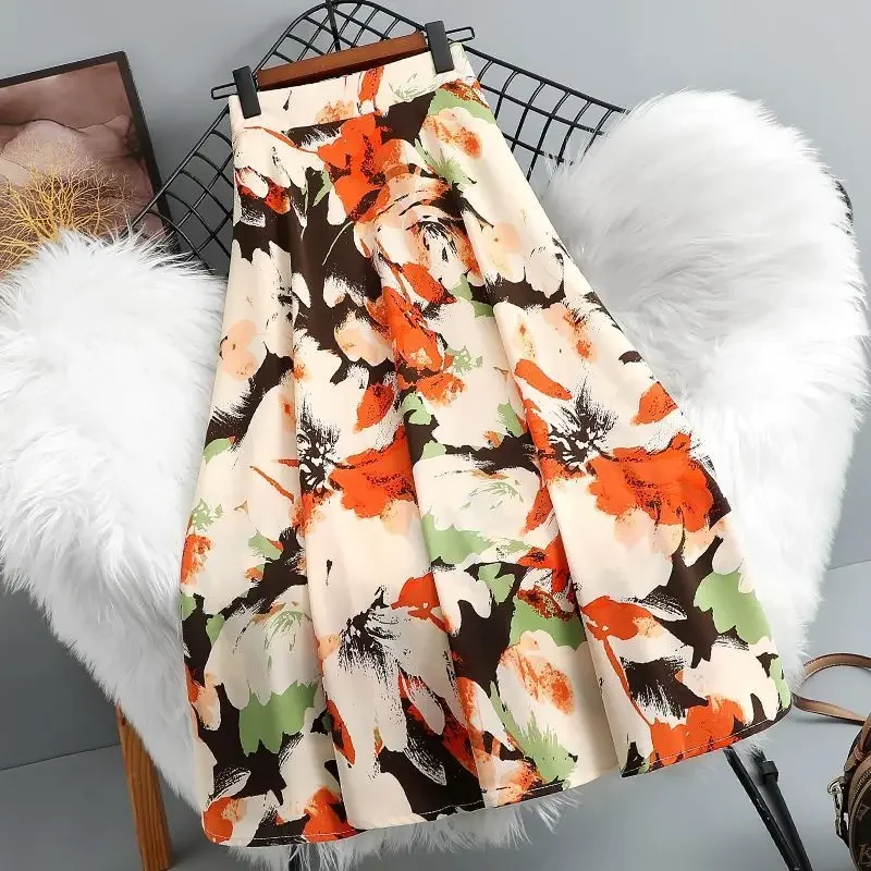 

Женская летняя юбка трапециевидной формы с цветочным принтом большого размера, новая тонкая юбка средней длины с высокой талией и принтом, закрывающая бедра