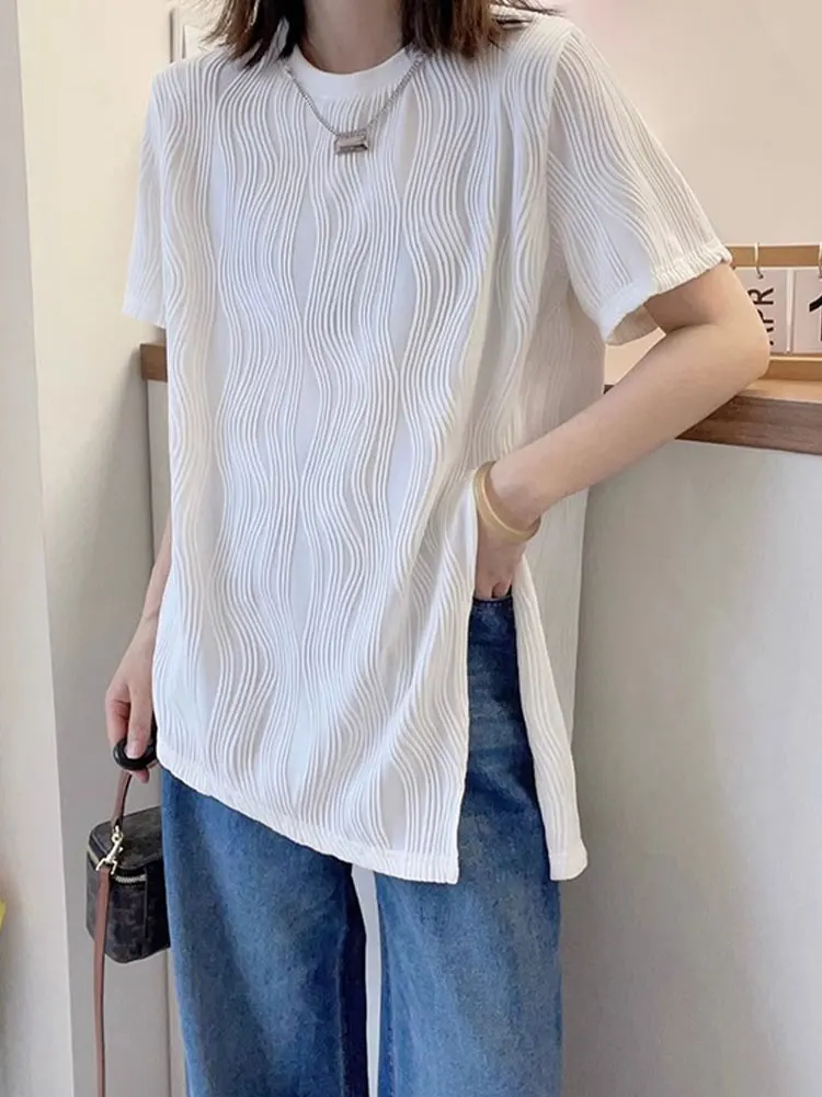 

Текстурированная свободная футболка с круглым вырезом и боковыми разрезами, корейский стиль, летний трикотаж, повседневный топ