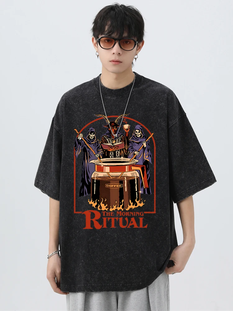 The Morning Ritual Coffee Funny Washed Retro Men T Shirts Summer Cotton T-Shirts Breathable Loose Clothes Hip Hop Street Tees