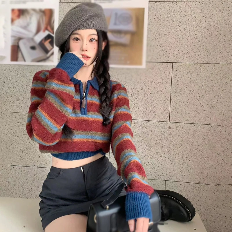 Loose Preppy Style Sweater Top Lapel Stripes Short Pullover Korean Version Zipper Decor Fashionable Contrast Color All-Match Top