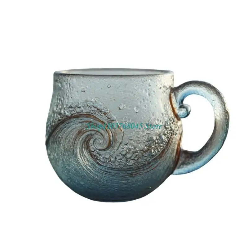 R53F Handblown Sea Waved Textured Mug 12Oz Durable Glass Coffee Cup with Handle For Tea Wine